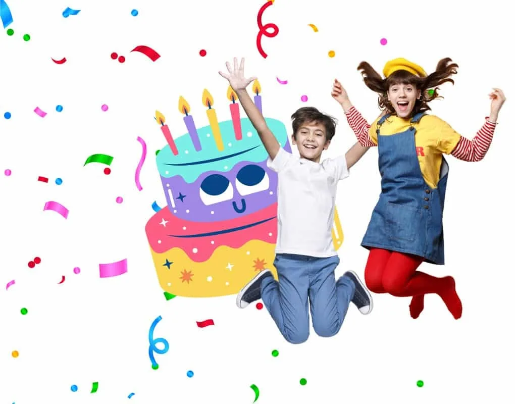 Deux enfants sautant de joie sous une pluie de confettis, devant un gâteau d’anniversaire illustré
