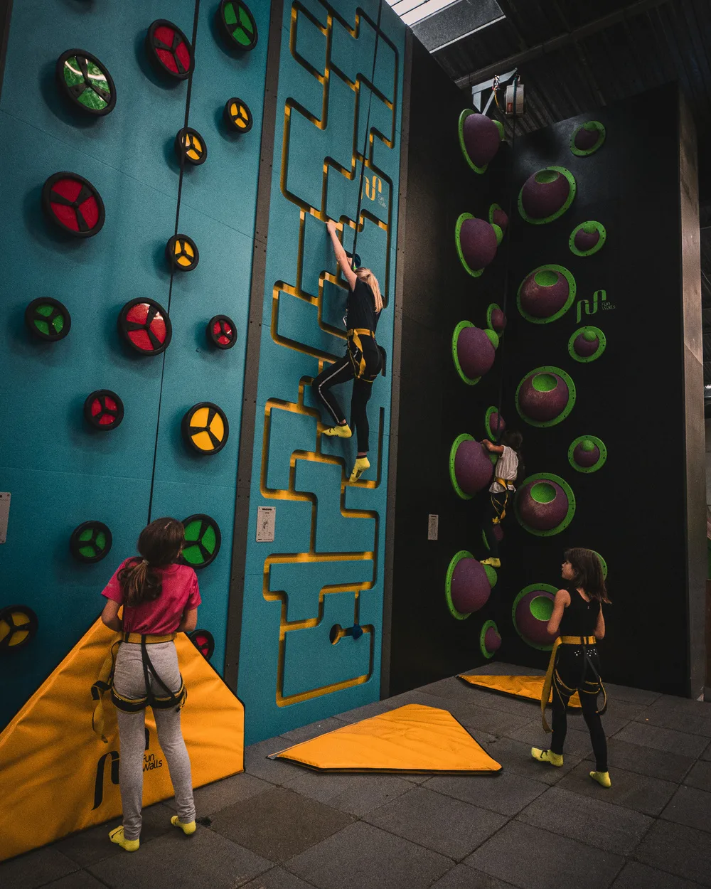 Trois enfants encordés au pied des murs turquoise et noir du Fun Wall