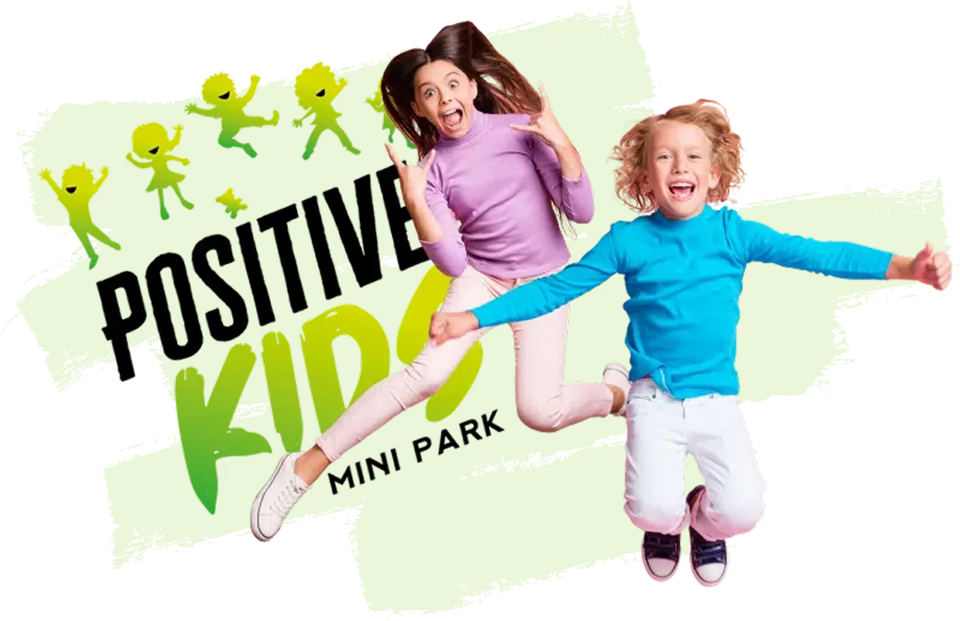 Deux enfants bondissant de part et d’autre du logo Positive Kids Mini Park