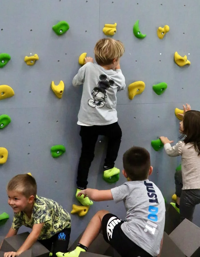 Enfants grimpant sur le mur d’escalade ludique au-dessus du bac à mousse